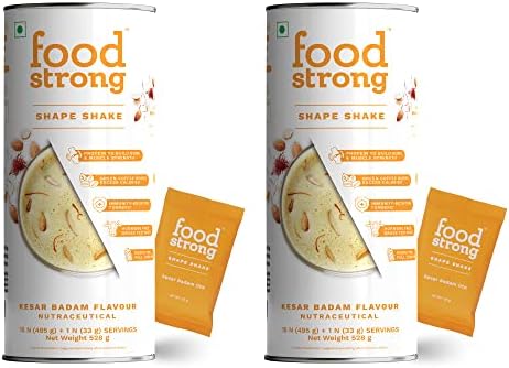 Foodstrong Whey Isolate Protein Powder, Grass-fed, 100% Whey, Shape Shake Kesar Badam Flavour, 26.2g Protein, With Turmeric, Green Tea, Green Coffee & Digestive Enzymes, 16 sachets, 528g (Pack of 2)