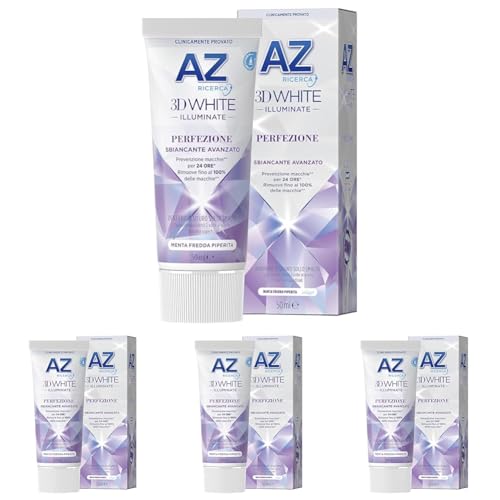 AZ Ricerca DENTIFRICIO 3D White Illuminate Perfezione, SBIANCANTE AVANZATO, RIMUOVE Fino al 100% delle MACCHIE Superficiali, Confezione SINGOLA da 50ml, Gusto MENTA FREDDA PIPERITA (Confezione da 4)