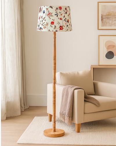 Image of Homesake Mid Century Modern Floor Lamp for Living Room | Hand Turned | Corner Lamp for Living Room, Stand Lamp with Fabric Lampshade for Bedroom, Study Room and Office, (Vine and Flowers)