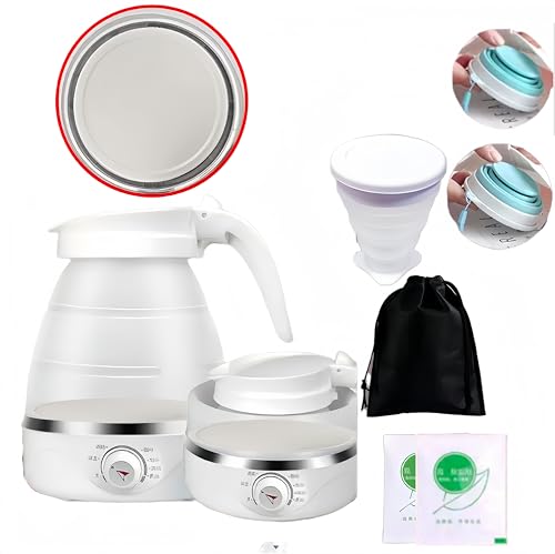 折り畳める旅行用電気ケトル シリコン製 高速沸騰 コンパクト 収納便利 ホワイト カフェ キャンプ ボトル 家庭 ステンレス 可愛い110V (温度調節6点セット(ステンレス底))