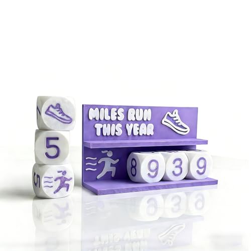 Desk Running Mileage Tracker 6 interchangeable number cubes for tracking running distance - Yearly Miles Ran Display for Marathon Training- Motivational Desk Decor & Fitness Gift for Joggers (Purple Girl)
