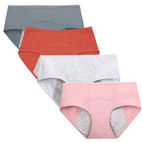 Teenager Girl's Breathable Cotton Period Panties Pack of 4pcs Menstrual Heavy Flow Leak-Proof Underwear Briefs (Large, Style5)