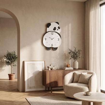 Image of Bamboo Bear Design Pendulum Wall Clock for Kids Room, Decorative Analog Timepiece with Swinging Element, Animal Theme Home Accent for Bedroom, Nursery, Playroom, Study Area and Indoor Decor
