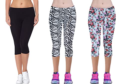 GW CLASSY OUTFIT 3/4 Girls Leggings (Pack of 3) Kids Plain Printed Trousers Full Stretch Leggings 4-13 Years* (3/4 Leggings Black/Zebra/Red Flower, 9-10 Years)