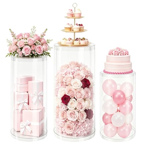 SAVOSPATU 3Pcs Clear Cylinder Stands for Party, Clear Pedestal Round Cylinder Stand for Wedding Birthday Bridal Baby Shower Parties 23.6'', 29.5'', 35.4''