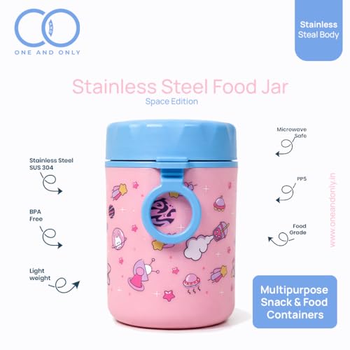 Image of ONE AND ONLY Stainless Steel Food Jar for Kids 480ml | Airtight Baby Food Container | Multipurpose Snack Jar | Travel Friendly Food Storage Box | BPA Free Kids Food Container (Pink)