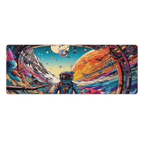 Space Astronaut Gaming Mouse Pad Non-Slip Rubber Base Large Mousepad Waterproof Washable Stitched Edge Mouse Mat for Desk Home Office 31.5"x11.8"