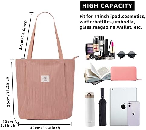 KALIDI Waterproof Corduroy Tote Bag with Zipper Casual Hobo Shoulder Bag Handbag Large Capacity Cord Tote Bag Women Shopping Bag for School Work College Daily Use