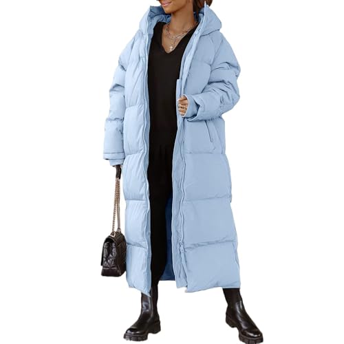 EsukAr Women Long Quilted Coat Hooded Maxi Length Long Sleeve Puffer Jacket Padded Coat Winter Outerwear,blue,S