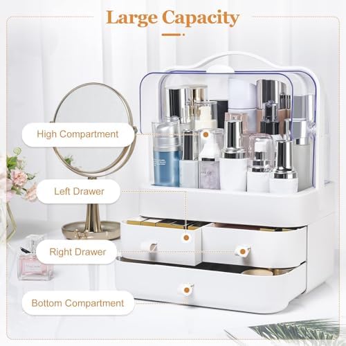 RMAN® organizer na kosmetyki do makijażu, z szufladami, pyłoszczelny, z pokrywką i uchwytem do noszenia, obracany o 180°, do łazienki, sypialni, na prezent, biały