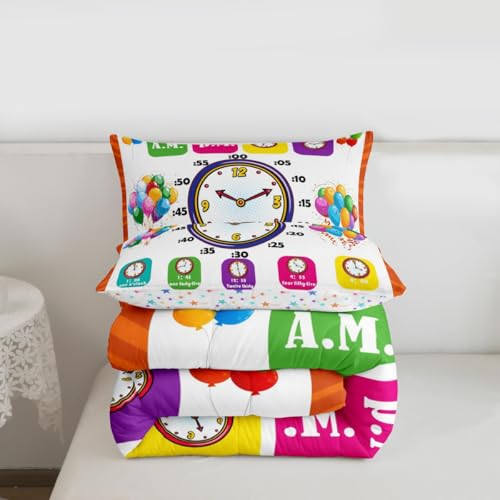 Image of Feelyou Educational Bedding Set King, Time Learning Comforter for Kids Boys Girls Time Colock Comforter Set Educational Duvet Set 3Pcs
