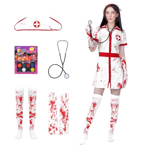 Angenster Bloody Nurse Halloween Costume for Women - Zombie Dress With Hat, Stethoscope, Gloves, Stockings - Adult Theatrical Fancy Dress Horror Outfit (S) Angenster Bloody Nurse Halloween Costume for Women - Zombie Dress With Hat, Stethoscope, Gloves, Stockings - Adult Theatrical Fancy Dress Horror Outfit (S)