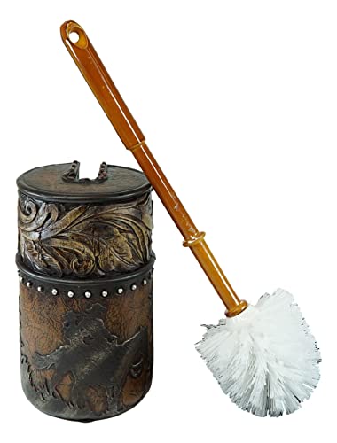 Image of Ebros Gift Rustic Western Country Cowboy Riding Horses Silhouette with Floral Gold Patterns in Faux Tooled Leather Finish Toilet Brush and Sanitary Holder Set Bathroom Accent