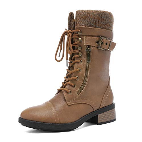 DREAM PAIRS Femmes Bottes d'hiver à lacets bottines femme automne à talons gros, Camel, 44 EU