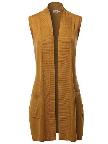 A2Y Open Front Long Sleeveless Draped Side Pockets Vest Knit Sweater Mustard XL