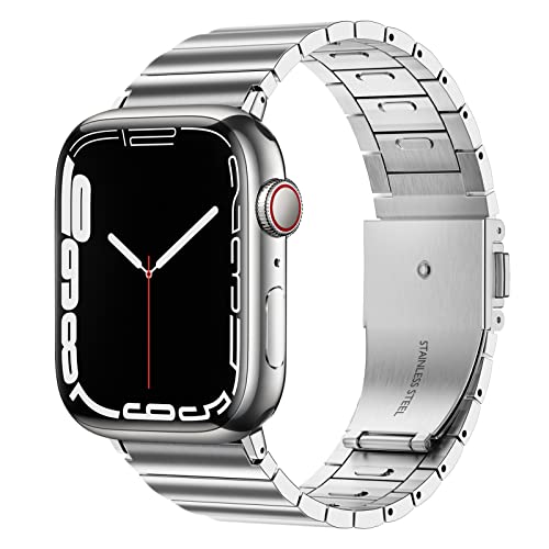AOKOOR No Tools Required Metal Bands Compatible for Apple Watch 49/45/44/42mm Upgrade Adjustable Link Bracelet for iWatch Ultra 8 7 6 SE 5 4 3 2 1 Stainless steel Bands for Men and Women(Silver)