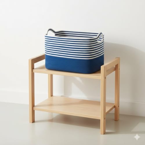Image of Large Storage Basket, Woven Blanket Basket, Toy Basket with Handle, Laundry Hamper for Living Room, Nursery, Bedroom- 20x15x12 (LXWXH) (blue mix)