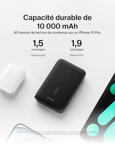 Belkin BoostCharge Batterie Externe 10 000 mAh Portable avec câble intégré (PD 20 W, Recharge Rapide USB-C Power Delivery, pour Tous Les modèles de l'iPhone 16/15, iPad Pro, Galaxy S24, etc.)