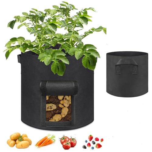 Potato Grow Bags, 2 Pack 10 Gallon with Windows Breathable Fabric and Handles Plant Vegetable Growing Bag, Planting Bags for Potato, Carrot,Vegetable and Fruits