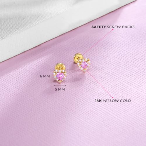 14k Yellow Gold 5mm Cubic Zirconia Heart Cluster Screw Backs for Young Girls - Unique Heart Earring Studs for Babies, Toddler to all Little Girls - Lovely & Bright CZ Hearts4
