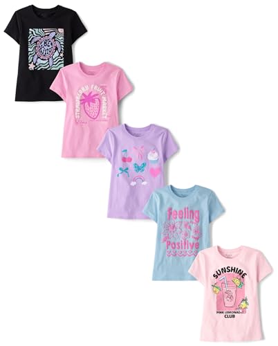 The Children's Place,Girls,Trends,Icons Short Sleeve Graphic T-Shirts,5 Pack,Sun/Strawberry/Positive/Icons/Turtle,Medium