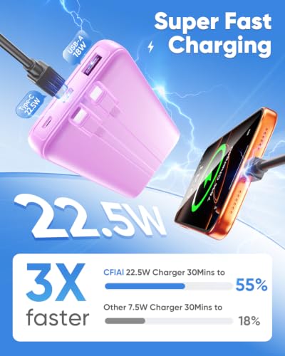 Image of CFIAI Portable Charger Power Bank, 50% Larger Capacity 15000mAh Battery Pack with Built in Cable, 22.5W Fast Charging Travel Camping Essential for iPhone 17 16 Pro iPad Samsung S26 Google, Lavender