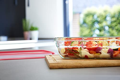 EMSA Clip & Close Glas Frischhaltedose, rechteckig, 3 L, 100 Prozent dicht, rutschfestes Stapeln, Glasbehälter spülmaschinen-, gefrier-, backofen-, mikrowellenfest, Rot, Transparent, N10412 5