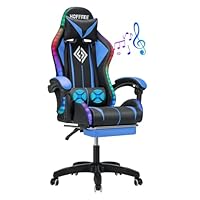 HOFFREE RGB Gaming Chair with Speakers Massage Computer Gaming Chair with LED Lights and Footrest High Back Video Game Chair for Adults Blue and Black