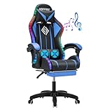 HOFFREE RGB Gaming Chair with Speakers Massage Computer Gaming Chair with LED Lights and Footrest High Back Video Game Chair for Adults Blue and Black
