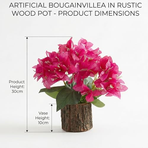 Image of Dekorly Artificial Bougainvillea Flower with Real Wooden Vase (28CM Overall Height) | Decorative Lifelike Faux Floral Plant in Rustic Tree Log Pot for Living Room(Bougainvillea)