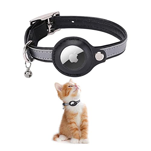 KOLACEN Collar de Gato AirTag de Piel Reflectante, Collar de Gato GPS Ajustable AirTag con Apple AirTag, Collar de rastreador de Gatos antipérdida para Gatos, Gatitos y Perros pequeños (Negro)