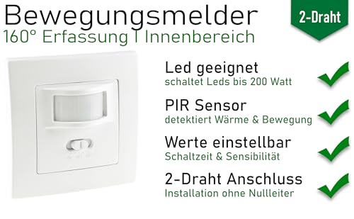 ChiliTec Bewegungsmelder 160° Unterputz Wand-Montage Schaltet ab 1Watt 9m Reichweite 230V 2-Draht Technik Ersetzt einen Lichtschalter Weiß