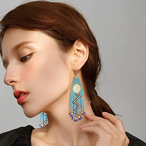 Long Beaded Tassel Earrings Classic Fringe Drop Earrings Bohemian Handmade Seed Bead Tribal Dangle Earrings