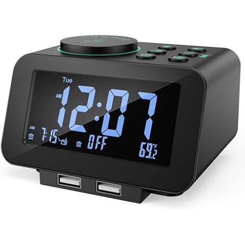 uscce Digital Alarm Clock Radio - 0-100% Dimmer, Dual Alarm with Weekday/Weekend Mode, 6 Sounds Adjustable Volume, FM Radio w/Sleep Timer, Snooze, 2 USB Chargers, Thermometer, Battery Backup Cover