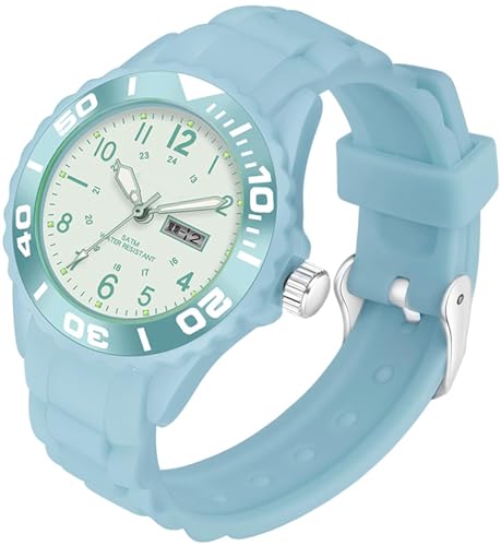 findtime wasserdichte Damen Uhr für Frauen Mädchen Studenten Candy Farbe Silikonband 24 Stunden mit Sekundenzeiger Farbiges Arabische Ziffern Analog Quarzuhr mit Datum Woche Blau
