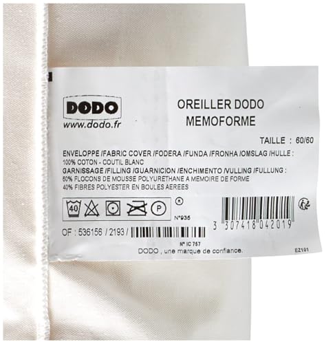 Oreiller Mémoire de Forme 60x60 Ergonomique DODO
