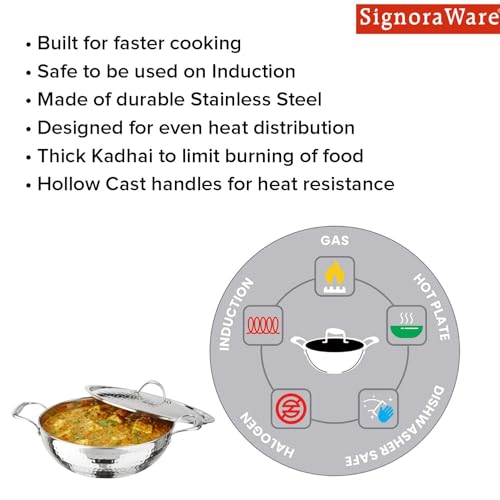 Image of Signoraware Artista Tri Ply Stainless Steel Hammered Deep Kadhai 28cm with Steel Lid | Elegant Finish | Even Heat Distribution | Ideal for Deep Frying & Daily Indian Cooking Needs (5 LTR | Steel)