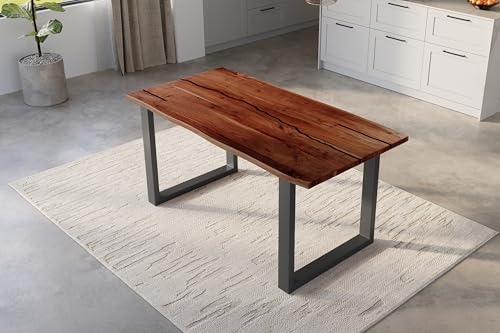 SAM Baumkantentisch 140 x 80 cm Polly, Epoxidharz-Adern in Schwarz, Akazienholz massiv + nussbaumfarben, Esstisch mit U-Eisengestell Schwarz, Tischplatte 26 mm, Esszimmertisch mit echter Baumkante