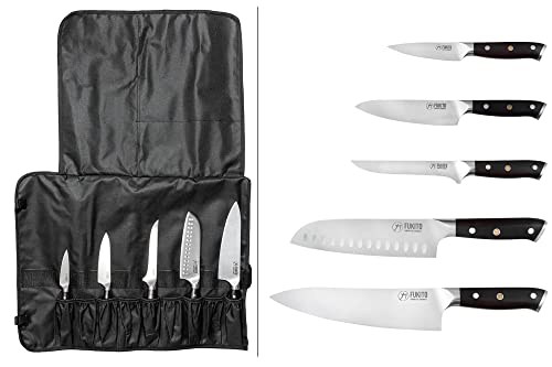 Fukito Ebène X50 - Mallette 5 Couteaux de Cuisine Design Japonais Office + Universel + Désosser + Santoku + Chef, Lames Acier Inox Allemand au Carbone, Manches Bois d'Ebène, Mallette 9 Places