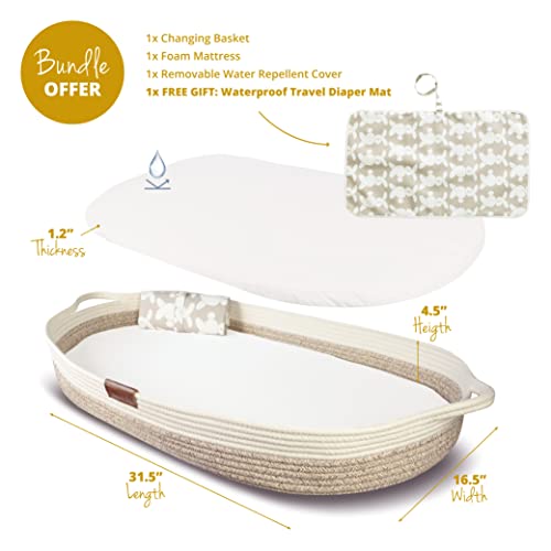 Yunioo Deluxe Baby Changing Basket With Extra Travel Diaper Pad, Foam Changing Pad And Water Repellent Cover, Cotton Rope Moses Basket, Changing Table Topper For Dresser (Sydney White Beige) #TOP1