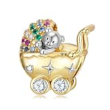 Charm Nascita Gravidanza Carrozzina dorata Mamma Passeggino Orsetto Bambino in argento 925 - Les Folies per Pandora
