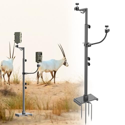 SDSNTE Trail Camera Stand Dual Mount 17-47 Adjustable Height Hunting Accessories Holder 360 Rotate 1/4 Thread Mount for Game Cam & Solar Panel Robust Iron Tripod for Outdoor Hunting No Tree