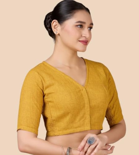 Image of Studio Shringaar Women's Thick Handloom Cotton Plain Side Stretch (Smocked) Readymade Saree Blouse