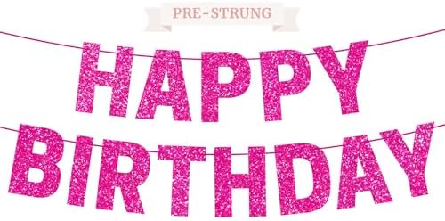 Pre-strung Happy Birthday Banner - No DIY - Hot Pink Glitter Happ...