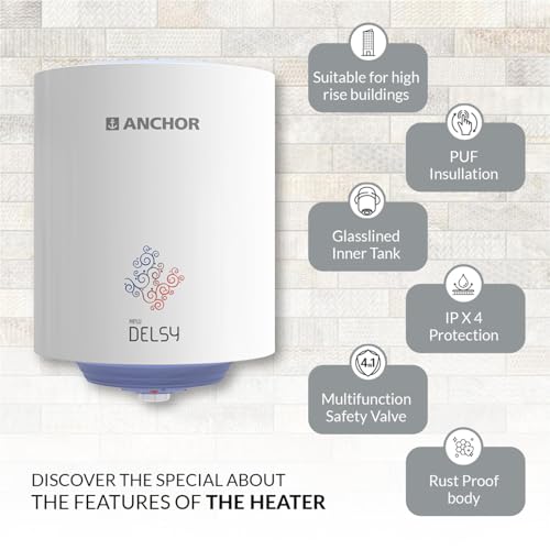 Image of Anchor by Panasonic New Delsy Geyser 15 litre, 5 Star Rated Storage Water Heater with Copper Heating Element, Powerful 2000W Heating Element (White, 2 Yrs Warranty, Free Installation)