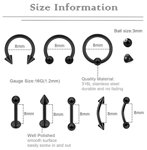 40Pcs 16G Lip Rings Surgical Steel Jewelry Labret Monroe Barbell Daith Tragus Helix Piercing Septum Nose Ring Eyebrow Body Jewelry for Women Men2