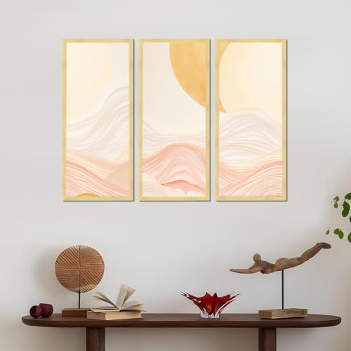 Image of PAINTINGMANTRA Abstract Layered Landscape Framed Wall Art Set of 3 | Modern Boho Minimal Wall Decor | Engineered Wood Frame Art for Living Room, Bedroom & Office, 8.9x18.9 Inch