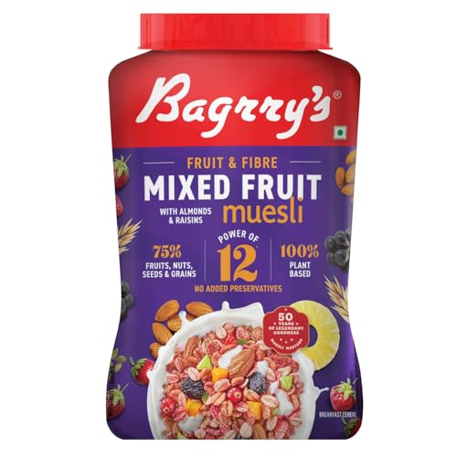Image of Bagrry's Fruit & Fibre Muesli- Mixed Fruit 1kg Jar | 75% Fruits, Nuts, Seeds & Grains | Power of 12 Ingredients | With Strawberries, Apples, Pineapples, Oats & Seeds | High Fibre, Source of Protein, No Trans-Fat | Healthy Multigrain Breakfast Cereal | No Corn Flakes Muesli | No Presevatives