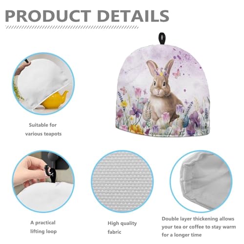 Image of Easter Day Decor Tea Cozy for Teapot, Watercolor Floral Rabbit Print Kitchen Accessory Tea Pot Cosy Thermal Kettle Cover Breakfast Warmer for Home Kitchen Decoration