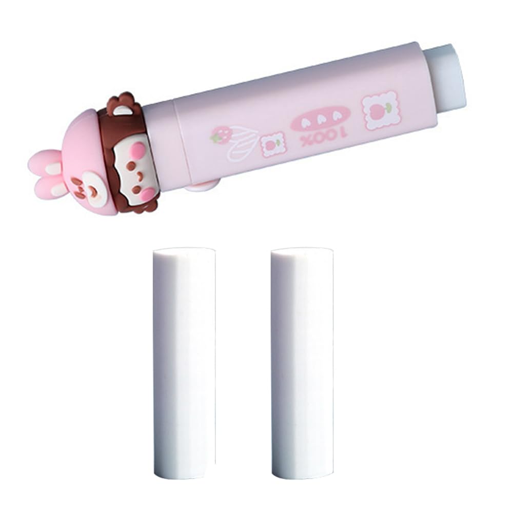 Cute Erasers, Sliding Retractable Pencil Eraser with 2 Refill Eraser, Push Pull Eraser for School Office Supply Stationery - Strawberry Rabbit
